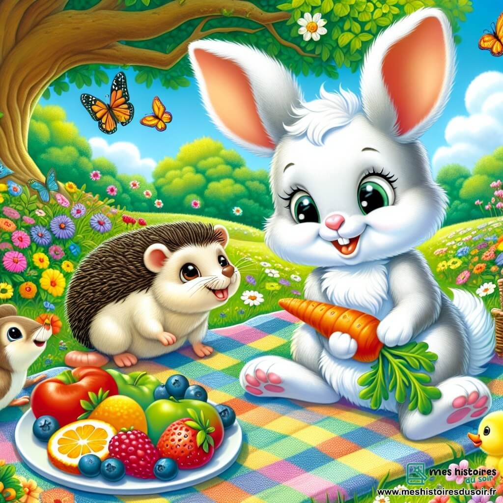 Illustration d'un petit lapin blanc aux grandes oreilles et aux yeux curieux, assis sur une couverture colorée dans une prairie ensoleillée, souriant avec une carotte. À côté, une souris grise émerveillée regarde des plats de fruits frais, un hérisson amusé attrape une baie, et un canard jaune s'approche en gloussant. La prairie est verdoyante, parsemée de fleurs vives, sous un ciel bleu, avec un grand chêne en arrière-plan. La scène montre le lapin et ses amis partageant un pique-nique joyeux, entourés de délices faits maison, riant et s'amusant, avec des papillons colorés volant autour d'eux. Des éléments graphiques incluent une couverture à motifs, des assiettes de fruits et des guirlandes de fleurs, créant une atmosphère festive.