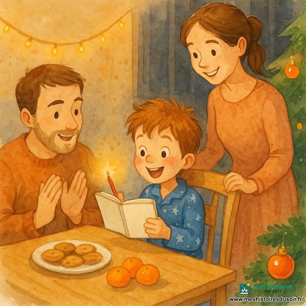 Un garçon de 4 ans souriant en pyjama bleu à étoiles tient un petit carnet et un crayon tandis qu'il tend le carnet vers une boule de Noël clignotante ; sa mère douce, à droite de la table, pose une main protectrice sur sa chaise et sourit, son père chaleureux est assis à gauche et applaudit doucement ; salon chaleureux décoré pour le Nouvel An avec sapin, guirlandes et une table de bois clair avec biscuits et clémentines, ambiance intime et joyeuse.