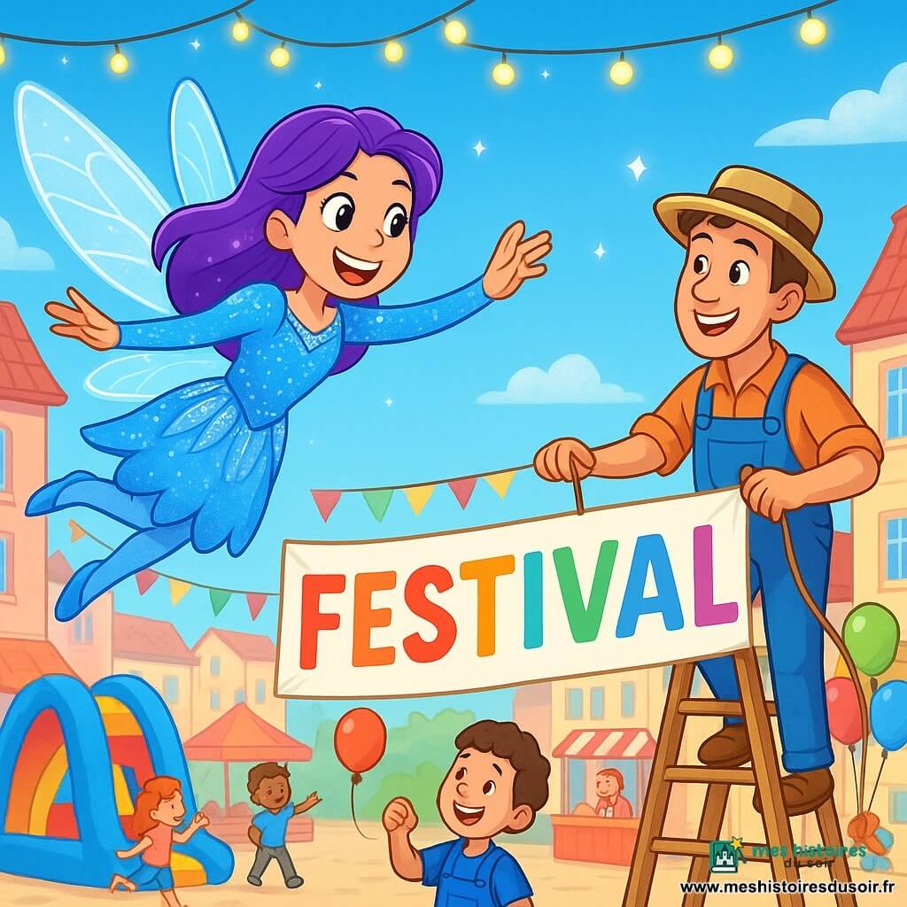 Lumi-Aile, une jeune femme aux cheveux violets, porte un costume bleu orné de plumes argentées et s'envole gracieusement avec ses ailes de lumière translucides. À ses côtés, Paul, un bricoleur souriant en salopette bleue et chapeau de paille, sécurise une banderole colorée depuis une échelle, admirant Lumi-Aile. La scène se déroule sur la place centrale de Zéphyr-Ville, entourée de bâtiments pastel, avec des enfants jouant autour de structures gonflables et des marchands de ballons. Des guirlandes de lumières créent une ambiance festive. Lumi-Aile vole pour protéger la banderole d'un vent puissant, tandis que Paul l'encourage, tous deux déterminés à réussir cette journée.