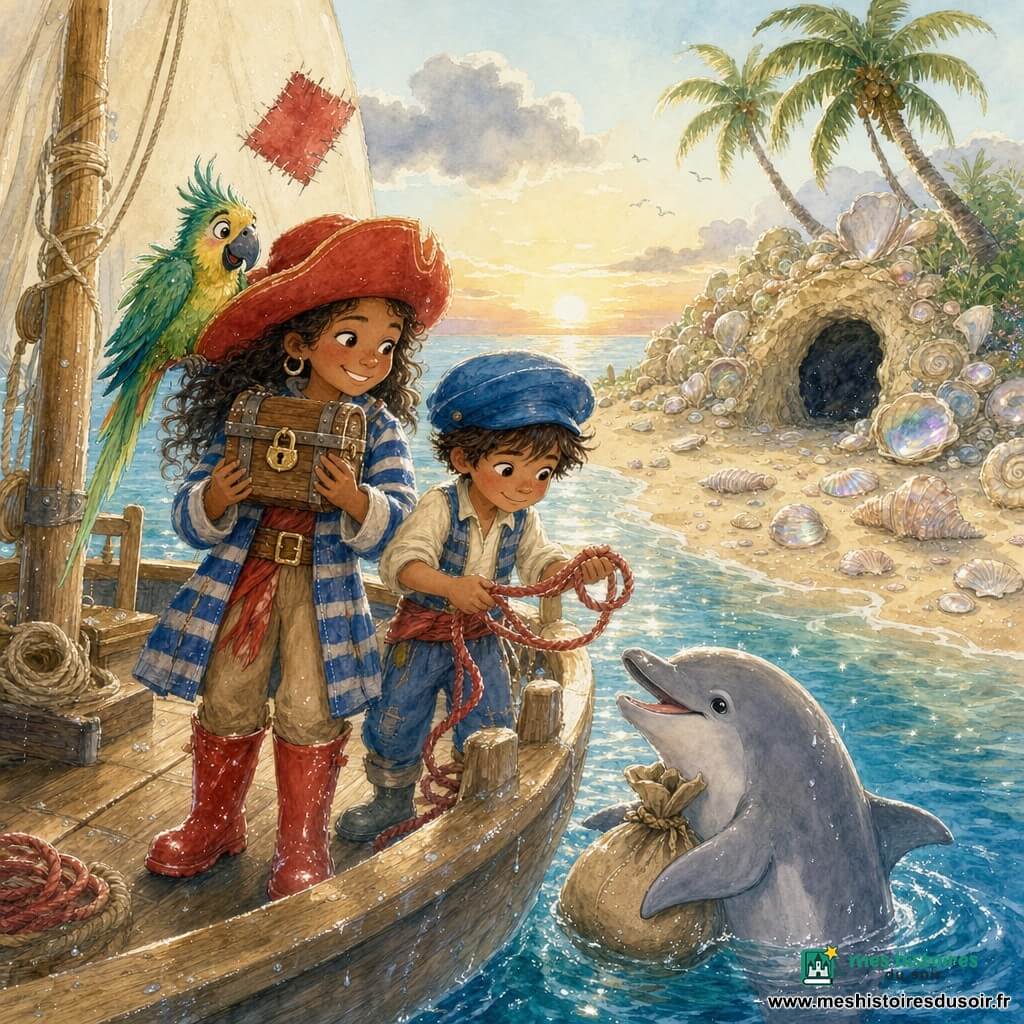Capitaine Lila, femme courageuse et souriante au grand chapeau rouge, bottes qui couinent et veste rayée, tient un petit coffre en bois fermé par un cadenas serré contre sa poitrine sur le pont du bateau La Mouette Chatouilleuse ; Mimo, garçonnet mousse avec une grande casquette bleue, tient une corde rouge à côté du coffre, vigilant près des bastingages ; Léon le dauphin nage à côté, sac serré sous une nageoire et tête sortie de l’eau, regard reconnaissant ; Pipo le perroquet vert et jaune est perché sur l’épaule de Lila, malicieux ; en arrière-plan l’île des Coquillages avec plage beige parsemée de coquilles nacrées, grotte sombre à l’entrée et quelques palmiers, lumière douce de fin de tempête (ciel bleu pâle, dernier nuage gris, éclats dorés sur les vagues, gouttelettes sur le bois) ; ambiance calme, soulagée et amicale ; style aquarelle aux lavis transparents, rehauts lumineux au stylo gel blanc, couleurs pastel vives, textures de bois et nacre détaillées.
