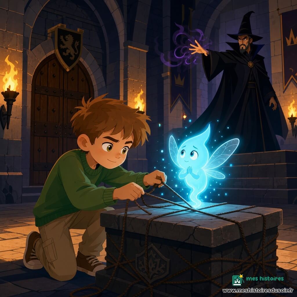 Timothée, garçon de 8 ans au visage rond, cheveux châtain clair en bataille et yeux noisette, tire doucement sur des cordes pour libérer une petite créature luminescente bleu cyan, en forme de goutte floue avec de petites ailes translucides qui tremble d’espoir et flotte au‑dessus d’une table en pierre; au fond, un sorcier d’environ 45 ans, grand et sombre, manteau noir et chapeau pointu, lance un sort depuis une estrade, bras tendu et expression sévère; la scène se déroule dans une grande salle de château en pierre aux murs gris et torches jaunes projetant de longues ombres, une grande porte cloutée en arrière‑plan; moment de libération: Timothée défait les liens tandis que la lumière bleue grandit, contrastant avec les ombres orangées des torches.
