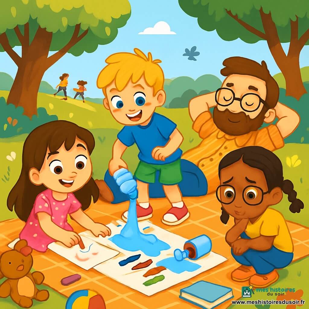 Quatre personnages sont présents : Léa, une petite fille de 6 ans avec de longs cheveux bruns, porte une robe rose à pois blancs et dessine sur une nappe à carreaux. Tom, un garçon de 6 ans aux cheveux blonds en bataille, est debout à côté d'elle, ramassant une bouteille d'eau renversée. Naya, également âgée de 6 ans, a des cheveux noirs tressés et des lunettes rondes, elle est accroupie en regardant ses crayons mouillés avec tristesse. Papa, un homme d'une trentaine d'années avec une barbe légère, est allongé sur la couverture, souriant les yeux fermés. L'action se déroule dans un parc ensoleillé avec des arbres et des fleurs. Les enfants tentent de résoudre un petit accident causé par Tom qui a renversé de l'eau sur la nappe, mouillant les crayons de Naya. Ils cherchent des solutions ensemble, affichant détermination et camaraderie.