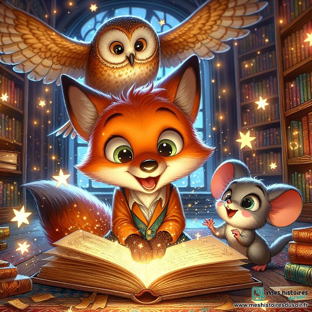 Au centre, un renard nommé Félix, au pelage orange vif et aux yeux curieux, ouvre un grand livre poussiéreux, émerveillé par la lumière qui en émane. À ses côtés, Lila la souris, petite et grise avec de grandes oreilles, regarde avec excitation la carte au trésor qui apparaît dans le livre. Tom le hibou, aux plumes marron et aux grands yeux ronds, vole au-dessus d'eux avec un sourire sage, prêt à les aider. La scène se déroule dans une bibliothèque magique, avec des étagères remplies de livres colorés et des lumières scintillantes. Félix, Lila et Tom découvrent ensemble un trésor d'histoires, éclairé par la magie du livre, et leur amitié brille à travers leur enthousiasme partagé.