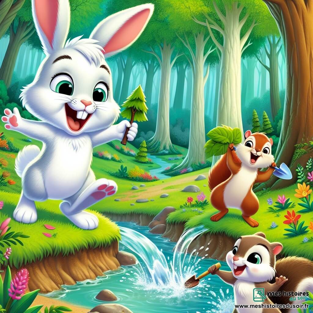 Léo, un lapin joyeux au pelage blanc et aux grandes oreilles, saute près d'un ruisseau avec enthousiasme. Ses yeux brillent d'excitation en regardant un petit arbre qu'il a planté. À ses côtés, un écureuil espiègle au pelage brun et à la queue touffue sourit en tenant une petite pelle. Ils sont dans une forêt verdoyante, entourés d'arbres majestueux et de fleurs colorées. Léo et l'écureuil célèbrent le retour de l'eau dans le ruisseau, avec des gouttes scintillantes symbolisant la renaissance de la vie dans leur habitat.