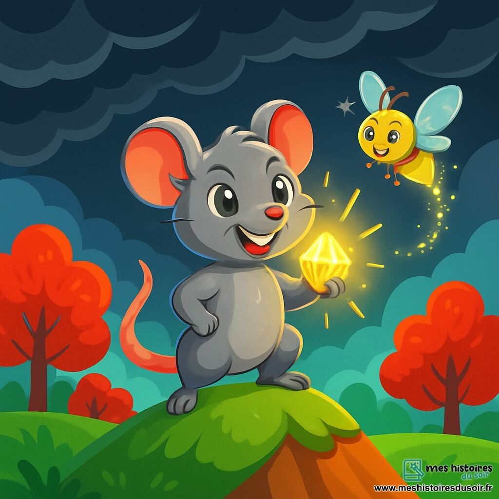 Un petit rat nommé Rémi, avec un pelage gris argenté et des yeux pétillants, se tient courageusement au sommet d'une colline, déterminé à affronter une tempête. À ses côtés, Lili, une luciole lumineuse, vole autour de lui, laissant une traînée de lumière. Le paysage est coloré, avec des arbres aux feuilles rouges et une herbe verte. Bien que le ciel soit sombre et menaçant, une lumière magique émane d'une pierre scintillante au sommet de la colline. Rémi et Lili sont unis, prêts à utiliser la magie de la pierre pour repousser l'obscurité et sauver leur monde.