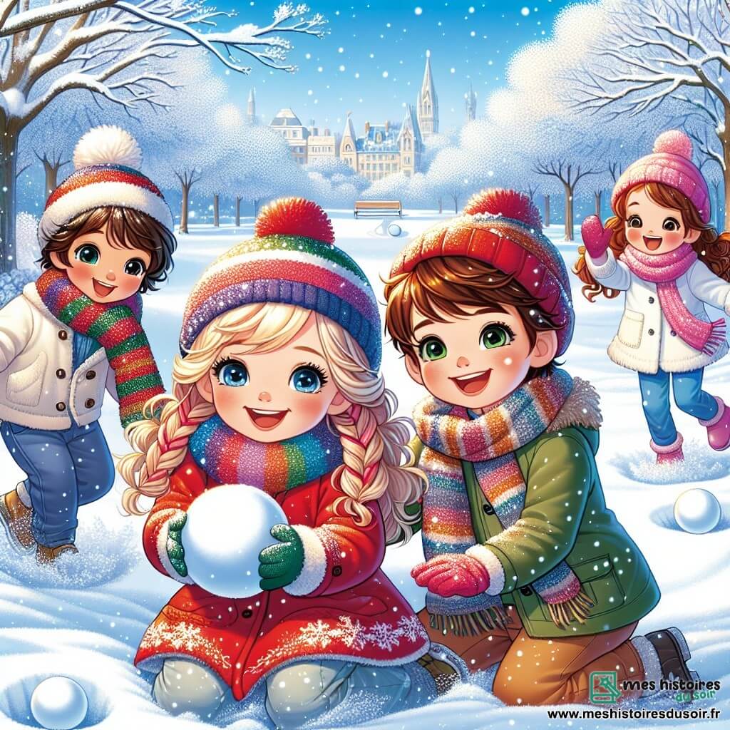 Dans un parc enneigé, quatre enfants s'amusent. Lucas, un garçon de six ans avec des cheveux bruns, porte un manteau rouge et ramasse de la neige. Clara, également six ans, avec des cheveux blonds tressés et un manteau bleu, lance une boule de neige vers Léo, un garçon aux cheveux châtains et lunettes, qui se protège en souriant. Mia, la plus petite avec cinq ans et des cheveux bouclés, fait un ange dans la neige. Le parc est magnifique avec des arbres couverts de neige et un ciel bleu clair. Les enfants jouent ensemble dans une ambiance joyeuse.