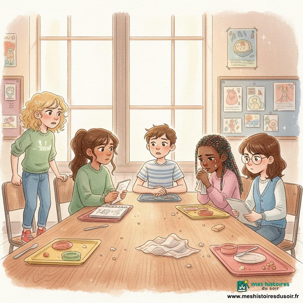 Cinq enfants d'environ 12 ans dans une cantine lumineuse : Amaya, fille au teint olive, queue de cheval, sweat vert, carnet de croquis, assise centre-gauche, regarde Fatou avec compassion; Fatou, fille à la peau foncée et tresses colorées, robe jaune, assise centre-droit, recroquevillée et tenant sa serviette, blessée par une remarque; Lila, fille aux cheveux blonds bouclés, jean et baskets rouges, debout sur sa chaise à gauche d’Amaya, indignée, poing sur la table; Zoé, fille aux cheveux châtain foncé et lunettes rondes, gilet bleu, cahier à la main, assise à droite de Fatou, prête à intervenir; Théo, garçon aux cheveux courts bruns, t‑shirt rayé, assis en face, légèrement reculé et bouche entrouverte, gêné. La cantine a de grandes tables en bois, plateaux colorés, fenêtres hautes et affiches au mur; miettes et serviette froissée sur la table. Scène émotionnelle au moment d’un malaise : Théo vient de faire une remarque blessante, expressions de colère, tristesse et solidarité mises en valeur par des couleurs chaudes, contours aquarelle et rehauts blancs sur les yeux et les larmes.
