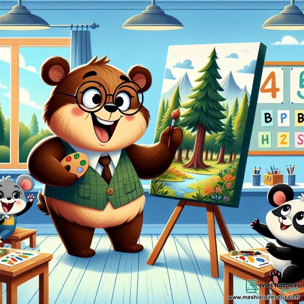 Au centre de l'image, Oscar, un ours brun aux grandes lunettes rondes, dessine un paysage de la forêt sur un tableau, affichant une expression joyeuse et concentrée. À sa droite, Bobo, un panda noir et blanc, admire son dessin avec des yeux écarquillés. À sa gauche, Mimi, une petite souris grise, danse joyeusement en l'encourageant. Le décor est une salle de classe colorée avec des murs bleu clair et des affiches, baignée de lumière. Oscar réalise son rêve de dessiner devant ses amis, qui l'applaudissent, créant une atmosphère de joie et de camaraderie.