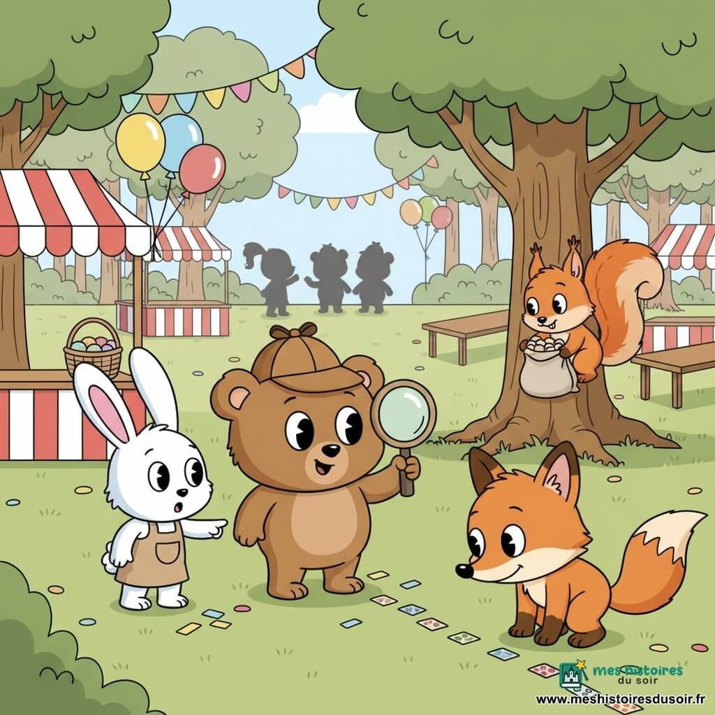 Oscar, petit ours détective brun et rond aux grands yeux, chapeau trop grand et loupe, sourit déterminé près d’un stand de bonbons vide; Lila, petite lapine blanche aux oreilles roses, le regarde surprise en pointant le sol à sa gauche; Tim, jeune renard roux, est accroupi à droite en reniflant une ligne de petits papiers colorés; un écureuil roux malicieux se cache derrière un arbre avec un sac de bonbons; décor: cour d’école festive au bord d’une forêt avec stands rayés, ballons, guirlandes et confettis; ambiance joyeuse, couleurs pastel vives, contours doux, composition simple pour tout-petit.