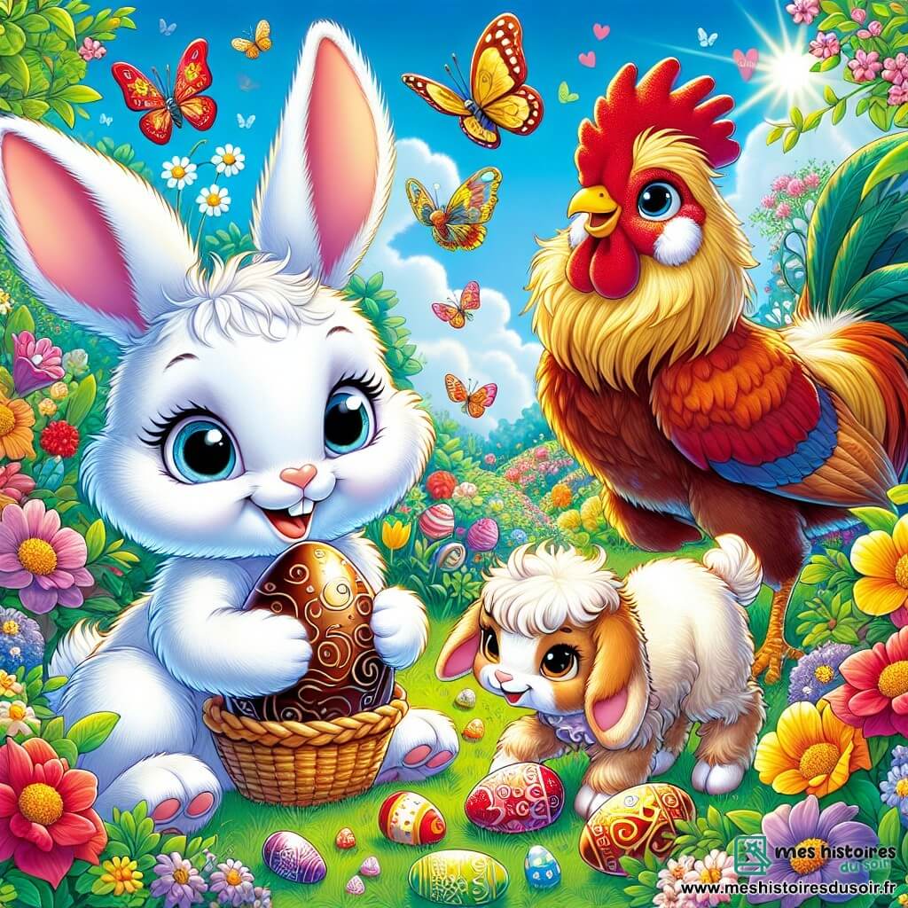 Une lapine nommée Lilou, avec des oreilles longues, un pelage blanc et des yeux joyeux, se tient dans un jardin coloré, tenant un œuf en chocolat. À côté d'elle, un coq nommé Coco chante joyeusement, tandis qu'une chèvre nommée Poppy grignote de l'herbe en les observant. Le jardin est rempli de fleurs, de papillons et d'un ciel bleu, créant une ambiance printanière. Lilou et ses amis sont en chasse aux œufs de Pâques, découvrant des trésors chocolatés cachés.