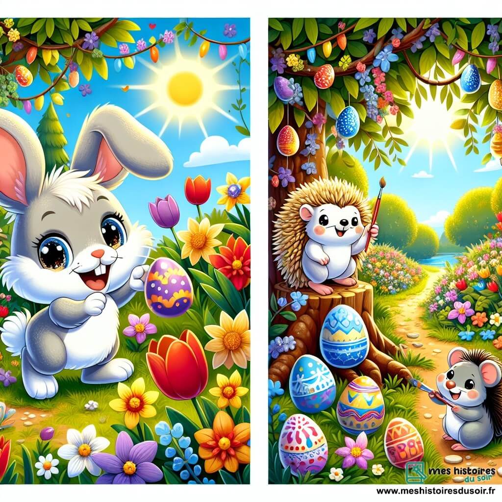 Illustration d'un petit lapin blanc aux grandes oreilles et aux yeux pétillants, sautant joyeusement dans une clairière ensoleillée entourée de fleurs colorées. À proximité, un hérisson aux piquants dorés cherche des œufs cachés sous un buisson, tandis qu'une petite souris grise, tenant un pinceau, peint un œuf sur une pierre. La clairière enchantée est baignée de lumière dorée, avec des arbres majestueux et un tapis de fleurs éclatantes. Le lapin et ses amis célèbrent le printemps en cherchant des œufs colorés, remplis de joie et d'amitié. Des guirlandes de fleurs, des œufs décorés et un ciel bleu clair complètent la scène.