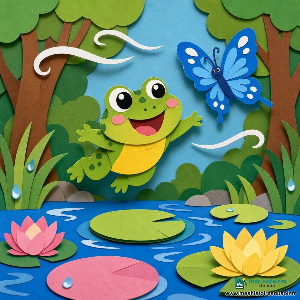 Une petite grenouille verte au ventre jaune, aux grands yeux ronds, sourit en s’élevant au-dessus d’un nénuphar comme pour voler, accompagnée d’un papillon bleu aux ailes décorées, tandis que des nénuphars colorés flottent sur une mare bleue bordée d’herbes et d’une forêt simplifiée en arrière-plan, le tout baigné d’une atmosphère douce et légèrement ventée suggérée par des rubans blancs ondulants.