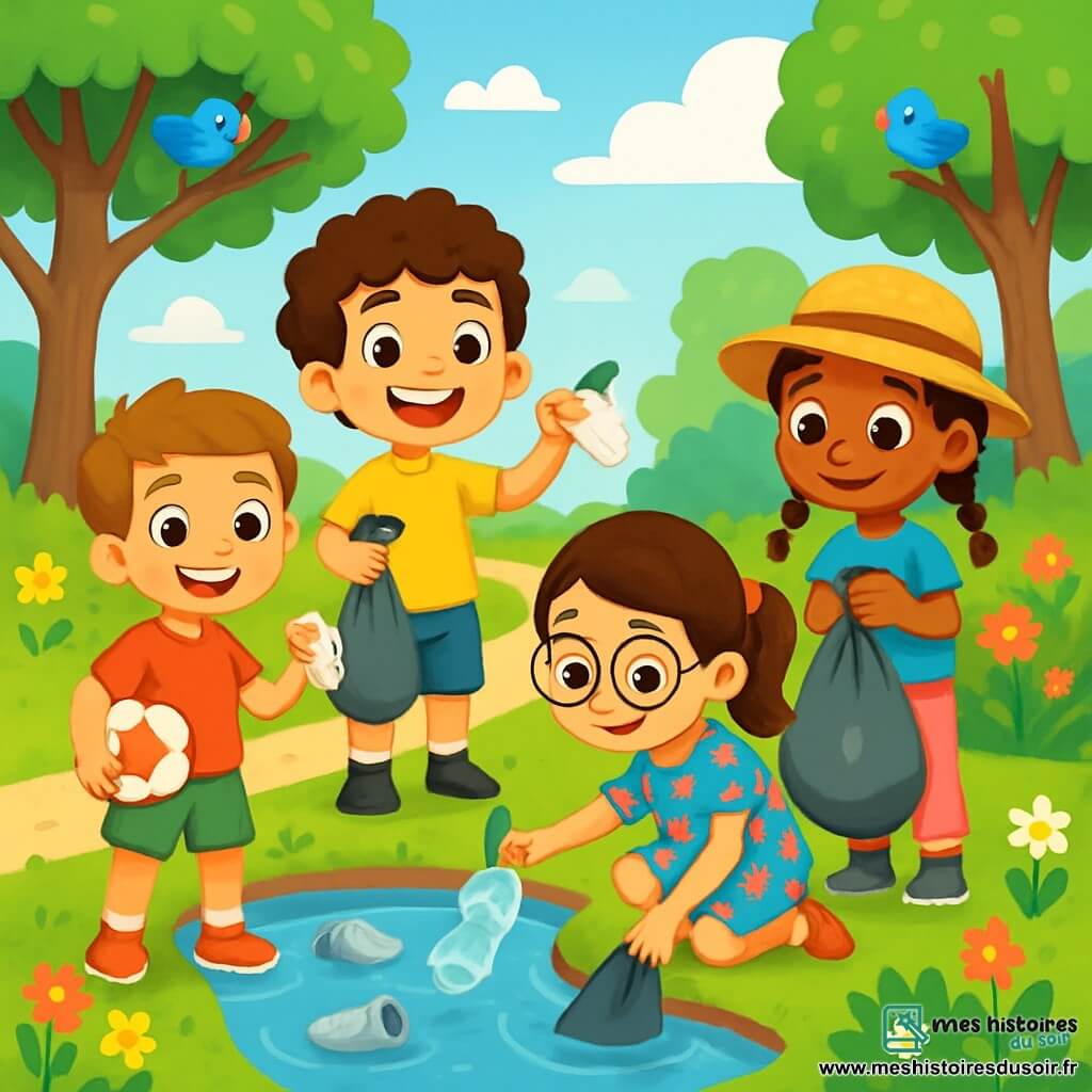 Quatre enfants sont présents : Léo, 8 ans, cheveux bouclés, t-shirt jaune, short bleu, tient un sac poubelle et regarde autour de lui avec enthousiasme ; Emma, 7 ans, lunettes rondes, cheveux bruns en queue de cheval, en robe à fleurs, ramasse des déchets près de la mare ; Tom, 8 ans, cheveux courts, t-shirt rouge, short vert, debout avec un ballon et montrant un déchet, souriant ; Mia, 7 ans, nattes colorées, chapeau de paille, t-shirt bleu, pantalon rose, à côté d'Emma avec un sac poubelle rempli de déchets, fière. Ils nettoient la mare dans un parc verdoyant, avec des arbres, des fleurs, un ciel bleu et des oiseaux chantants, travaillant ensemble joyeusement.
