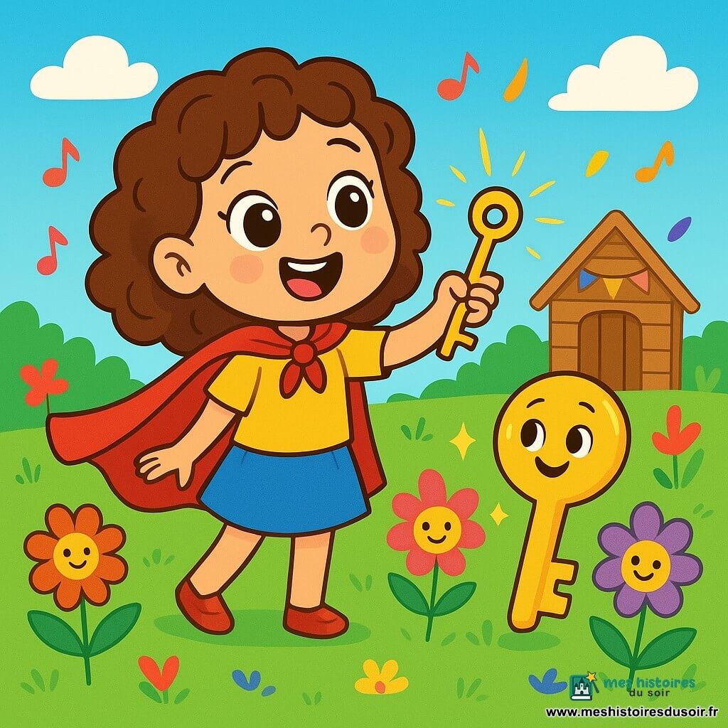 Lila, une petite fille de 4 ans aux grands yeux pétillants et aux cheveux bouclés, porte une cape rouge et sourit en tenant une clé brillante. À ses côtés, une clé animée, souriante et dorée, l'écoute attentivement. Le jardin est rempli de fleurs colorées, de pelouses verdoyantes et d'une cabane en bois décorée de confettis, sous un ciel bleu clair parsemé de nuages. Lila raconte une histoire à la clé, entourée de magie et de rires, tandis que des plumes colorées tombent du ciel comme des notes de musique.