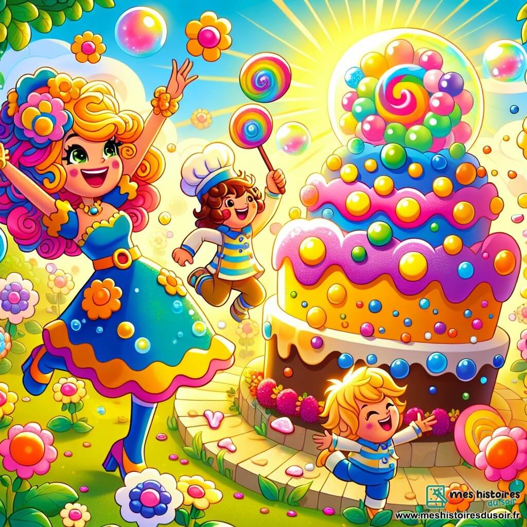 Super-Mimi, une jeune femme aux cheveux bouclés et colorés, porte un costume brillant avec une cape flottante. Elle sourit joyeusement, entourée de fleurs dansantes et de bonbons sautillants, les bras levés comme pour diriger une fête. À ses côtés, Super-Bulles, avec ses cheveux longs et lisses, porte un costume bleu à motifs de bulles et rit en lançant une bulle géante. Plus loin, Super-Gâteau, un garçon aux cheveux en désordre en tablier de pâtissier, tient un énorme gâteau coloré. La scène se déroule dans un jardin magique, rempli de fleurs colorées et de bonbons brillants, sous un soleil éclatant. Ils célèbrent une fête amusante, créant une ambiance joyeuse et pleine de rires.