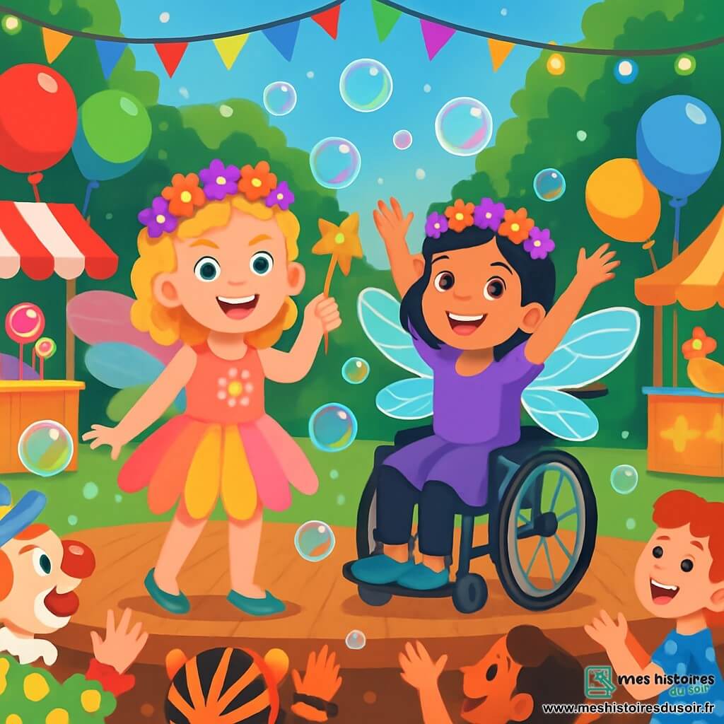 Deux personnages principaux : Léa, une fille de 8 ans avec des boucles blondes, des yeux pétillants, vêtue d'un costume de fée des fleurs, souriante à gauche ; et Zoé, également de 8 ans, avec des cheveux noirs brillants, en fauteuil roulant, habillée en libellule féerique, à droite de Léa, les bras levés. Le décor est un parc municipal animé, orné de guirlandes et de ballons, avec des stands de bonbons et une scène en bois illuminée. La scène montre Léa et Zoé célébrant leur victoire au concours du plus beau costume, rayonnantes de bonheur sous les applaudissements d'une foule joyeuse, entourées de clowns et d'enfants dansants.