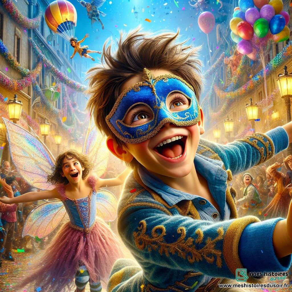Un garçon de 11 ans, Maxime, flotte joyeusement dans les airs avec un masque en velours bleu brodé d'or, ses yeux brillants d'excitation et son sourire radieux illuminant son visage aux cheveux bruns en désordre. À ses côtés, sa petite sœur Camille, 7 ans, déguisée en fée avec des ailes scintillantes et une robe rose, lève les bras émerveillée. Thomas, son meilleur ami, 11 ans, déguisé en pirate, le regarde avec admiration. La scène se déroule à Arlequin, où les rues sont décorées de guirlandes colorées et de ballons, et la foule danse sous un ciel bleu avec un arc-en-ciel après une légère pluie. Maxime, réalisant qu'il peut voler grâce à son masque magique, se laisse emporter par la magie du carnaval, provoquant rires et cris de joie parmi les spectateurs.