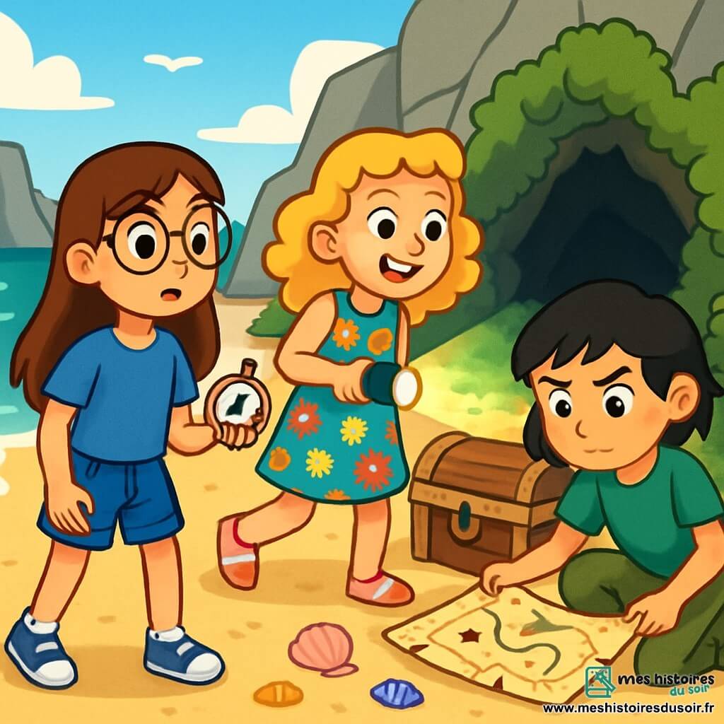 Trois personnages sont présents : Camille, une fille de 10 ans avec de longs cheveux bruns et des lunettes rondes, portant un t-shirt bleu et un short en jean, tenant une boussole ; Lila, une fille de 10 ans aux cheveux blonds bouclés, vêtue d'une robe à fleurs colorées et tenant une lampe torche avec un sourire joyeux ; et Zoé, une fille de 10 ans aux cheveux courts et noirs, en t-shirt vert et pantalon cargo, accroupie avec une carte au trésor. Elles se trouvent sur une plage déserte, entourées de falaises grises et de vagues turquoise. Les filles explorent une grotte cachée derrière des buissons, prêtes à déterrer un coffre ancien, leurs visages illuminés par l'excitation d'un trésor caché.