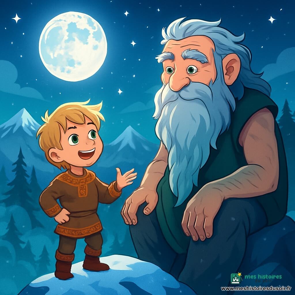 Halvard, un garçon de dix ans aux yeux couleur de bruyère, se tient sur un sommet enneigé, émerveillé. Ses cheveux blonds brillent sous la lune et il porte une tunique en laine ornée de motifs nordiques. À ses côtés, un géant sage, d'environ trois mètres, avec une longue barbe grise, l'observe avec bienveillance, assis sur un rocher. Le paysage est majestueux, avec des montagnes enneigées sous un ciel étoilé et une brume légère autour des sapins. La neige scintille sous la lune et le vent murmure des secrets. Halvard raconte des histoires aux géants, captivé par leur écoute, tandis que les étoiles brillent au-dessus d'eux.