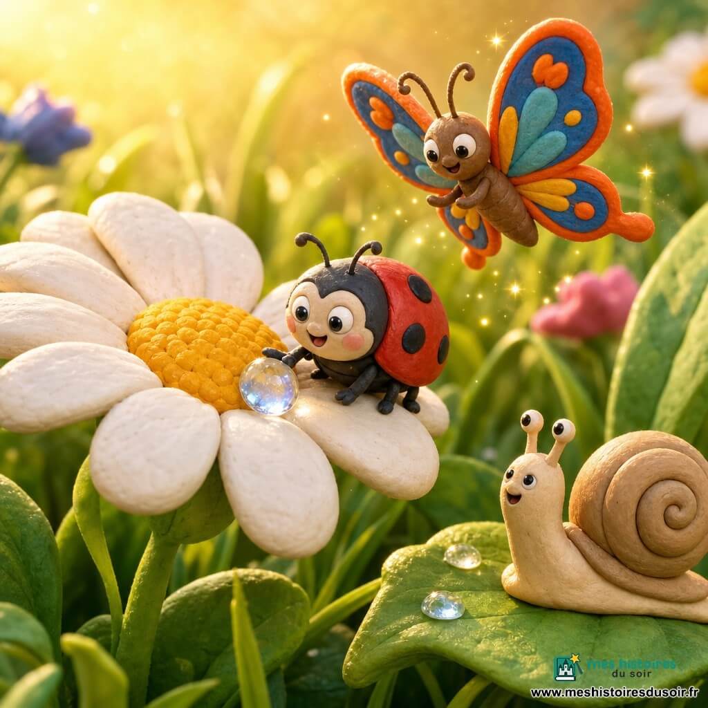 Une petite coccinelle rouge à points noirs, ronde et brillante, émerveillée, touche délicatement une goutte d'eau scintillante sur un pétale ; un papillon orangé et bleu vole au-dessus en battant des ailes, un escargot beige à coquille en spirale observe depuis une feuille près d'une grande marguerite blanche ; prairie en gros plan avec herbes vertes et lumière dorée du matin, perles de rosée ; la goutte magnifie les couleurs, rendant fleurs et feuillages plus vifs et créant de petites notes lumineuses, atmosphère douce et joyeuse.
