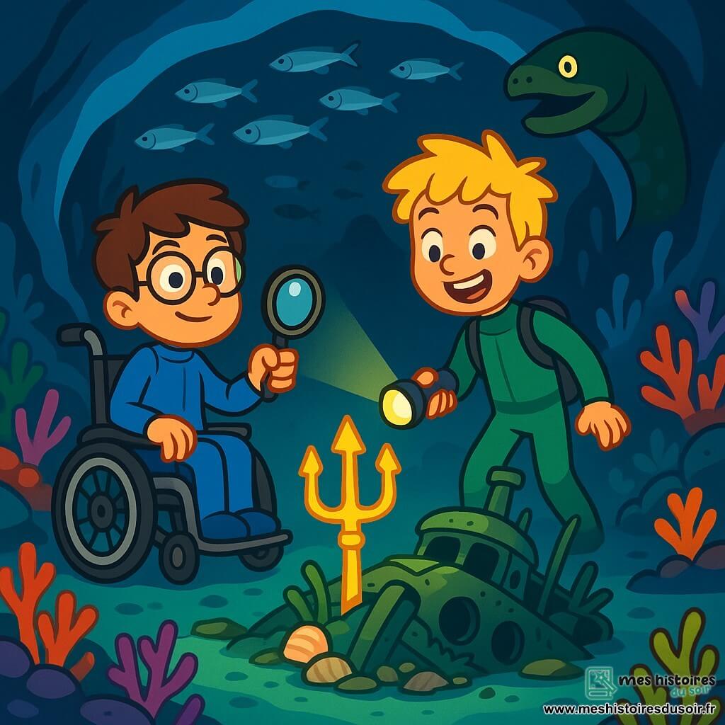 Léo, un garçon de 10 ans avec des cheveux bruns et des lunettes rondes, est assis dans un fauteuil roulant tout-terrain. Il porte une combinaison de plongée bleue et tient une loupe. Jules, également âgé de 10 ans, a des cheveux blonds ébouriffés et un large sourire. Il se tient à côté de Léo, vêtu d'une combinaison de plongée verte et tenant une lampe torche. L'action se déroule dans une vaste grotte sous-marine illuminée par des néons bleus, entourée de coraux colorés et de poissons argentés. Au centre, une épave de sous-marin est recouverte d'algues, avec un trident doré scintillant parmi les débris. Léo et Jules découvrent l'épave, émerveillés par le trident, tandis qu'une murène géante se profile en arrière-plan, ajoutant une touche d'aventure.