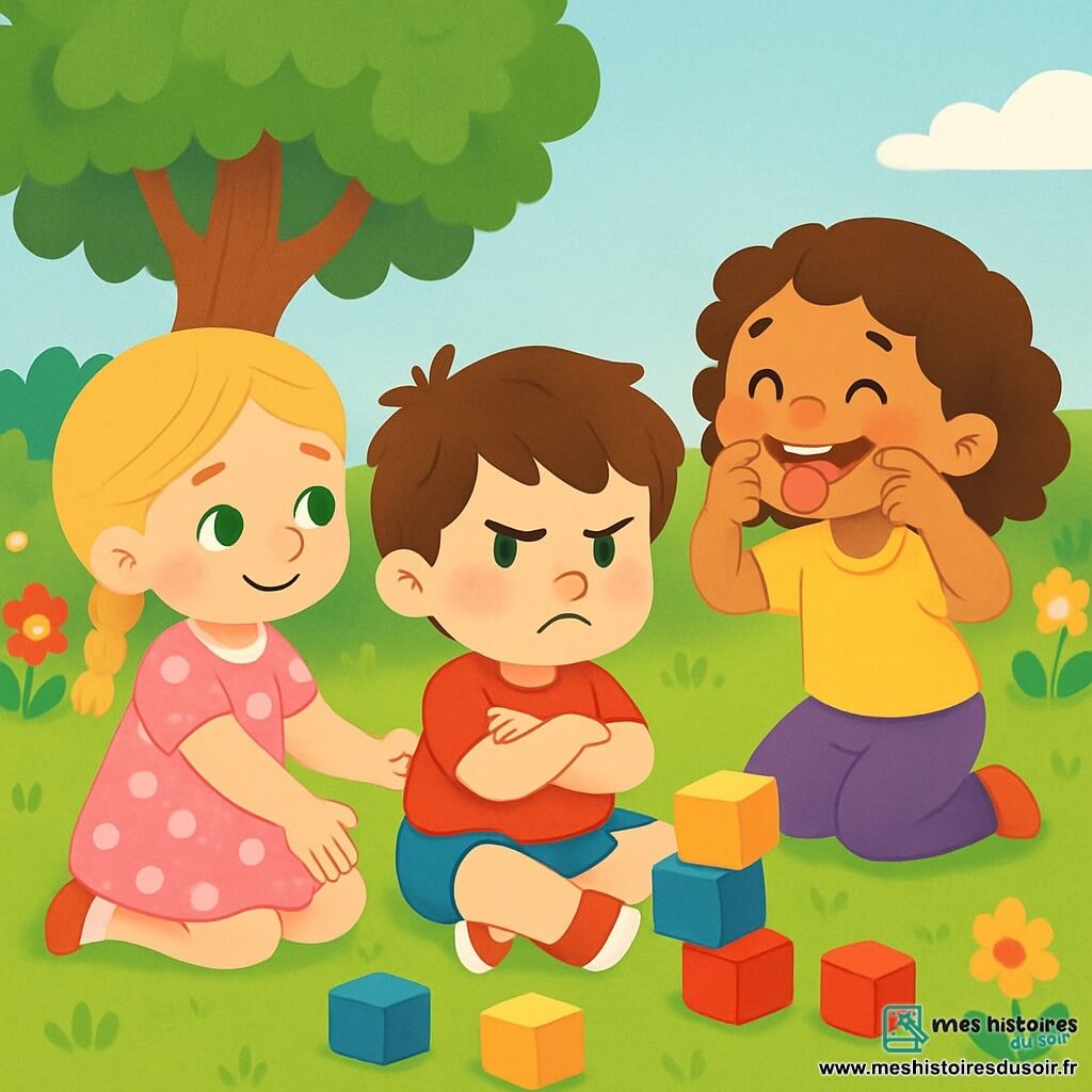 Il y a trois personnages : Léo, un garçon de 5 ans avec des cheveux bruns en bataille et des yeux pétillants, portant un t-shirt rouge et un short bleu, assis sur le sol avec une petite moue. Mia, une fille de 4 ans aux cheveux blonds tressés et yeux verts, en robe rose à pois blancs, lui tient la main en souriant. Jade, une fille de 5 ans avec des cheveux châtains bouclés et des yeux marron, porte un t-shirt jaune et un pantalon violet, et fait une grimace drôle pour le faire rire. L'action se déroule dans un jardin ensoleillé avec des fleurs colorées, un grand arbre et une herbe fraîche où les enfants jouent avec des cubes éparpillés. Ils essaient d'empiler les cubes, mais la tour de Léo vient de tomber, le rendant fâché. Mia le réconforte et Jade tente de le faire rire, montrant ainsi leur amitié et leur apprentissage à gérer leurs émotions ensemble.