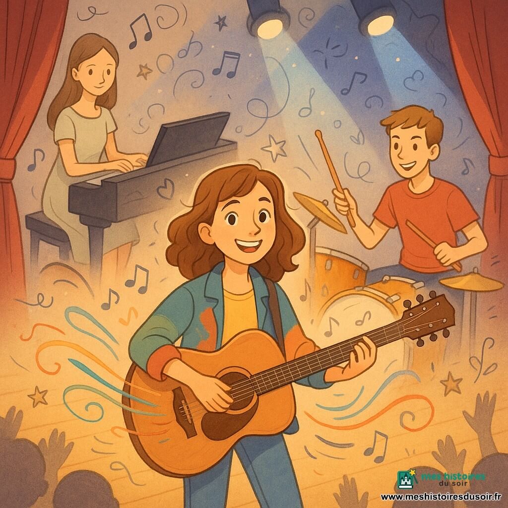 Adèle joue de la guitare sur scène, visage rayonnant, cheveux châtain ondulés, tenue jean et veste colorée; Léon, 17 ans, batteur énergique en t-shirt rouge à droite, frappe grosse caisse et cymbales; Clara, 16 ans, pianiste en robe claire à gauche, mains sur un piano à queue, regard concentré; petit théâtre d'école avec plancher en bois, rideau rouge foncé et projecteurs jaune et bleu‑violet créant faisceaux visibles; public en silhouettes floues, quelques mains levées; trio en concert avec vagues colorées stylisées et notes doodle autour des musiciens, ambiance chaleureuse.