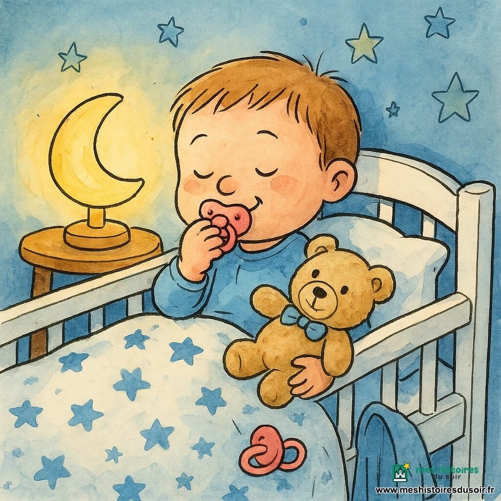 Garçon de 2 ans au visage rond et cheveux châtain clair, assis somnolent dans un petit lit en bois blanc, souriant en jouant un peu avec sa tétine; couverture douce à motifs d’étoiles bleues, doudou beige à nœud bleu près de la joue; un pyjama suspendu au pied du lit avec un gros bouton rouge qui touche le cadre et crée un petit toc espiègle, tétine rose en désordre sur l’oreiller; une lampe en forme de lune projette une lumière jaune douce sur des murs bleu pâle étoilés — scène de coucher intime, apaisante et légèrement drôle.