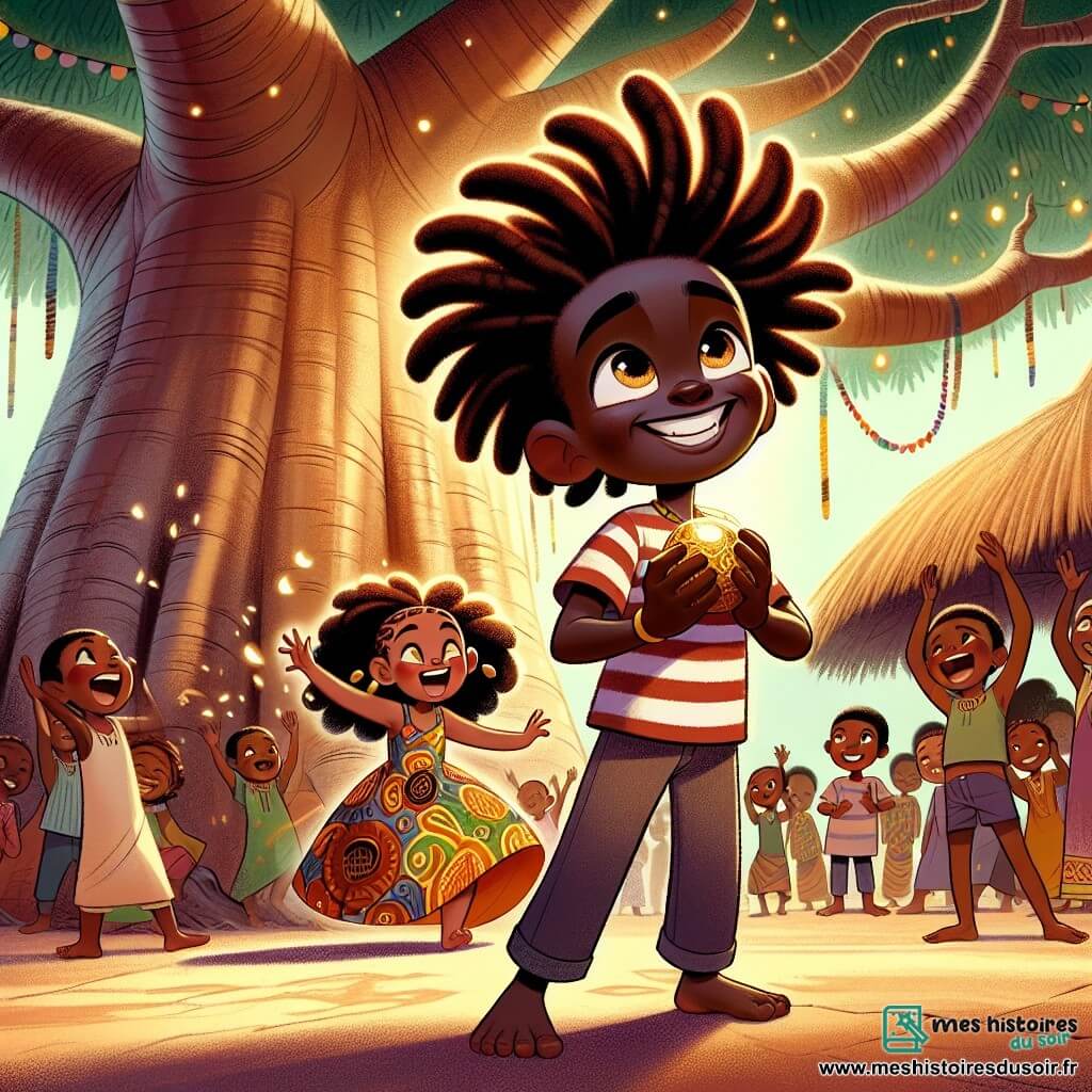 Kofi, un garçon africain de 12 ans, sourit largement au centre de la scène, tenant une pierre dorée brillante, symbole de magie. À ses côtés, Amina, 11 ans, danse joyeusement en robe colorée, tandis que Tunde, 10 ans, applaudit avec enthousiasme. La scène se déroule sous un grand baobab, entourée de fleurs et de fruits tropicaux, avec des villageois qui rient et dansent en arrière-plan, créant une atmosphère festive. Kofi partage sa découverte de la pierre magique avec ses amis, célébrant l'unité et le bonheur de leur village.