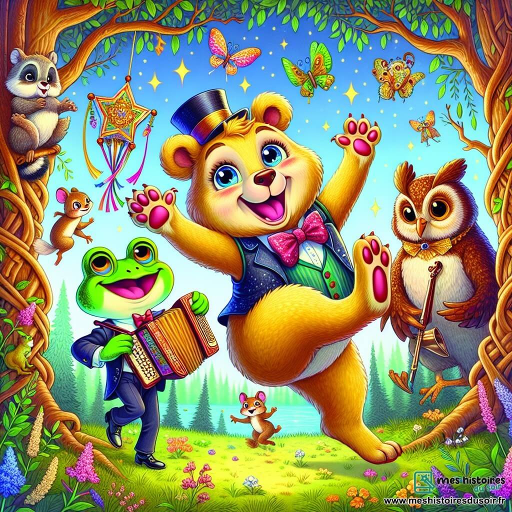 Illustration d'un ours joyeux, mâle, avec un pelage jaune et des yeux bleus, dansant sur scène avec un grand sourire et chantant, les pattes levées. À côté, une petite grenouille en costume-cravate, mâle, saute en tenant un accordéon, encourageant l'ours. En arrière-plan, un hibou mâle, sérieux, observe la scène. Le décor est une forêt enchantée avec des arbres noueux, des feuilles scintillantes et des fleurs colorées. Des animaux comme des écureuils et des lapins se rassemblent, riant et applaudissant. L'ambiance est joyeuse et ludique, avec des cerfs-volants colorés flottant dans le ciel.