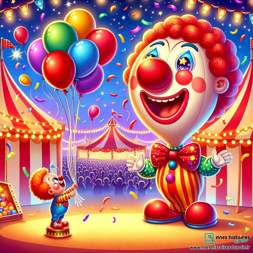 Petit Ballon, un ballon rouge souriant, flotte dans les airs, ses couleurs vives illuminant le ciel. Il est heureux, ses bras en forme de ficelle s'étirant vers le haut. À côté, un clown joyeux avec un grand nez rouge jongle avec des pommes brillantes sur un petit tabouret, entouré de confettis colorés. Le décor est un cirque vibrant avec des tentes rayées, des lumières scintillantes et un public enthousiaste. Petit Ballon vole au-dessus du clown, émerveillé par le spectacle, tandis que le clown, concentré sur son numéro, ne le voit pas encore. C'est un moment magique de joie et de rires au cirque.