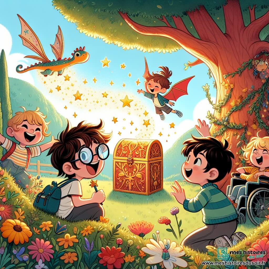 Dans un jardin ensoleillé, quatre amis se tiennent ensemble, entourés de fleurs colorées. Max, 10 ans avec des lunettes rondes, tient une baguette magique rouge, l'air excité. À côté de lui, Léo, 9 ans aux cheveux blonds, rit en levant les bras. Tom, 11 ans, est assis sur une colline, tandis que Jules, 10 ans dans un fauteuil roulant, sourit émerveillé. En arrière-plan, un grand chêne abrite une boîte mystérieuse aux paillettes dorées. Max agite sa baguette magique, tandis qu'un petit dragon en papier vole autour d'eux, crachant des confettis multicolores.