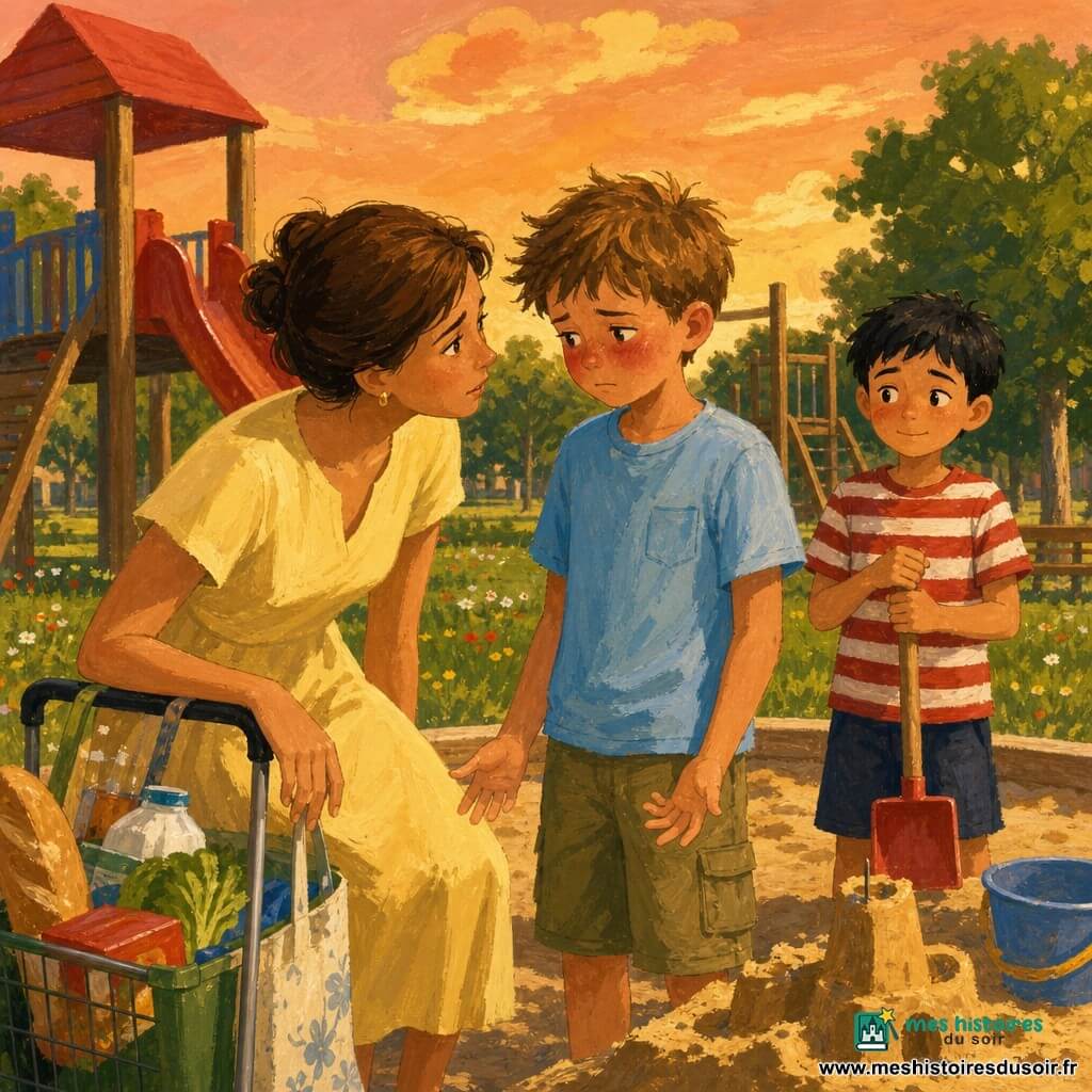 Trois personnages dans un parc en fin d’après‑midi : Lucas, garçon de 11 ans aux cheveux châtain clair en bataille, t‑shirt bleu clair et short kaki, visage rouge de honte, au centre face à sa mère et légèrement en avant ; Sophie, mère d’environ 35 ans aux cheveux bruns en chignon, robe jaune pâle, regard doux mais sérieux, à gauche penchée vers lui en tenant un caddie ; Maxime, garçon de 11 ans aux cheveux noirs courts, t‑shirt rayé rouge et blanc, derrière Lucas à droite tenant une pelle, regardant la scène avec curiosité et un léger sourire gêné. Devant eux une étendue de sable avec un château de sable partiellement construit, en arrière‑plan un grand toboggan rouge et une aire de jeux en bois, herbe verte parsemée de fleurs, ciel orangé de fin de journée et textures de gouache visibles ; scène centrée sur la confession de Lucas, atmosphère tendre et sincère, lumière chaude éclairant doucement les visages.