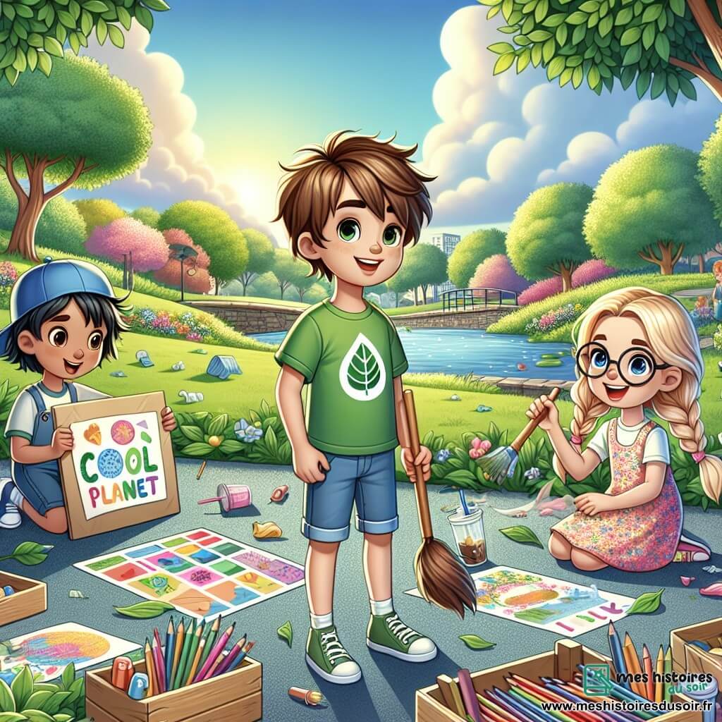 Rayan, un garçon de 12 ans, se tient au centre de l'image avec un grand sourire. Il porte un t-shirt vert et un short en jean, tenant un panneau "Planète Cool". À sa droite, Lucie, 11 ans, dessine des affiches sur une table, concentrée et souriante. À gauche, Sami, 12 ans, ramasse des déchets avec un sac poubelle, déterminé mais enthousiaste. L'image se déroule dans un parc verdoyant avec des arbres, des fleurs et une mare, sous un ciel bleu ensoleillé. Rayan et ses amis s'engagent à nettoyer le parc et à sensibiliser les autres enfants à la protection de la planète.