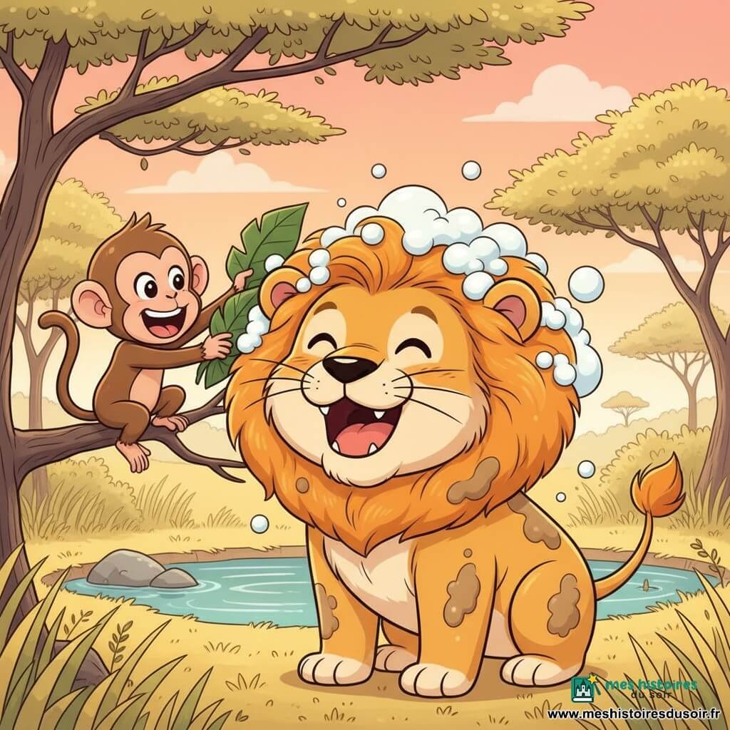 Un lion doux et rond à grande crinière dorée bouclée, yeux ronds brillants et sourire amusé, couvert de boue claire dont la mousse blanche apparaît dans la crinière en riant ; un petit singe espiègle nommé Sacha, fourrure brune et yeux pétillants, perché sur une branche à gauche frotte la crinière avec de grandes feuilles vertes en riant ; arrière-plan : mare peu profonde aux reflets bleu-vert, herbes jaunes et acacias fins sous un ciel pêche ; scène joyeuse et comique où la boue devient mousse, le "lion mousseux" et le singe rient, postures rondes, couleurs vives, contours doux et expressions style manga pour enfants.