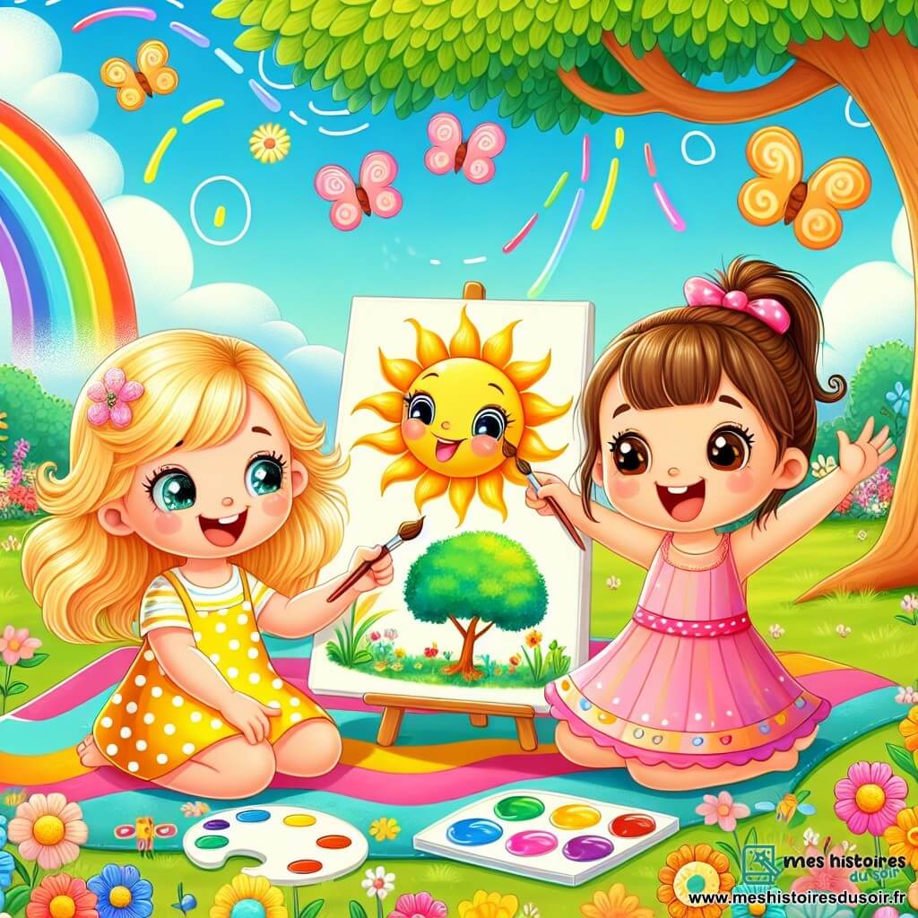 Deux petites filles, Emma et Lila, âgées de trois ans, se tiennent dans un jardin ensoleillé. Emma, avec des cheveux blonds, porte une robe jaune à pois et peint un soleil sur une feuille. Lila, avec des cheveux bruns, porte une robe rose et peint un arbre vert à côté d'elle. Le jardin est rempli de fleurs colorées et d'un ciel bleu. Les deux amies s'amusent à créer des œuvres d'art ensemble, riant et partageant leur joie de l'été.