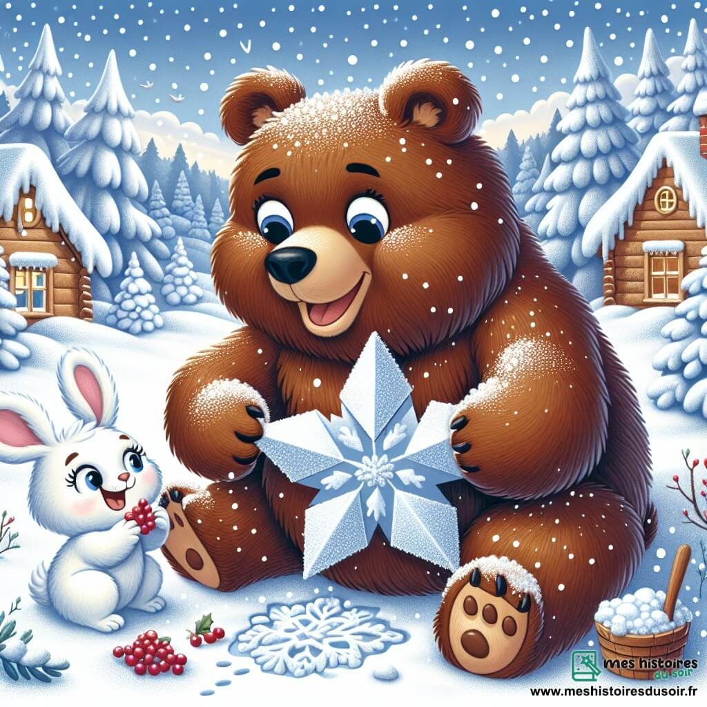 Un grand ours brun nommé Hugo, avec un pelage épais, sourit joyeusement en façonnant une étoile en neige, ses pattes pleines de neige scintillante. À ses côtés, une petite lapine blanche nommée Lila, aux grandes oreilles, rit en ajoutant des baies rouges à l'œuvre d'art. La scène se déroule dans une vallée enneigée, où des flocons de neige tombent doucement sur les arbres en sapin et les maisons en bois. Hugo et Lila s'amusent ensemble, créant une magnifique étoile de neige, entourés de paysages hivernaux enchanteurs.