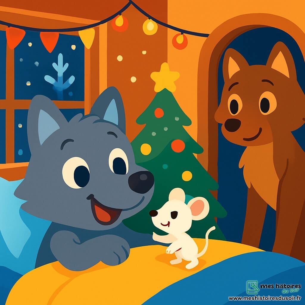 Petit Loup, un loup au pelage gris et aux yeux curieux, est allongé sur son lit avec un sourire. Il tient une petite souris nommée Flocon, au pelage blanc, qui saute joyeusement sur l'oreiller. Maman Loup, douce et au pelage brun, se tient près de la porte, souriante, observant la scène avec tendresse. La chambre est décorée de guirlandes scintillantes et d'un sapin de Noël illuminé, tandis que des flocons de neige tombent doucement à l'extérieur. Petit Loup et Flocon vivent un moment magique, entourés de chaleur et de joie, prêts à s'endormir dans l'esprit de Noël.