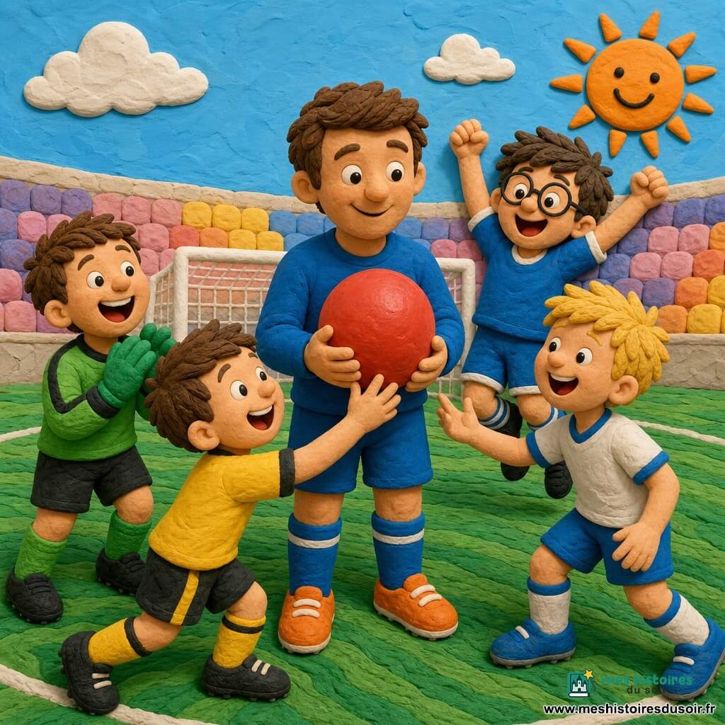 Léo, homme souriant et tendre, tient un ballon rond rouge, yeux brillants, cheveux bruns courts, maillot et short bleus, chaussures orange; à sa gauche Max (≈9 ans) rit et applaudit, gants de gardien verts; à sa droite Sami (≈8 ans), cheveux blonds en bataille, tend la main vers le ballon; Tom (≈10 ans), lunettes rondes, saute de joie derrière Léo; un garçon de l’équipe jaune (≈9 ans) avance, main sur le ballon, visage surpris et heureux; petit stade coloré avec pelouse verte en vagues, ligne blanche nette, but blanc, gradins pastel et un soleil orange souriant en haut à droite; scène de camaraderie aux formes rondes et couleurs simples, textures douces adaptées aux tout-petits.