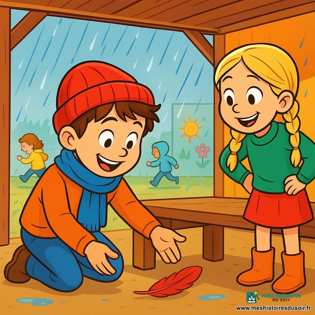 Léo, un garçon de 8 ans aux cheveux bruns en bataille et au grand sourire, porte un bonnet rouge et une écharpe bleue. Agenouillé sous un banc en bois, il cherche une plume rouge brillante. À ses côtés, Camille, une fille de 8 ans aux cheveux blonds tressés, l'observe avec impatience. La scène se déroule dans un préau en bois aux murs colorés, sous une pluie qui tambourine sur le toit. Léo aide Camille à retrouver sa plume perdue, tandis que d'autres enfants jouent autour d'eux, créant une atmosphère chaleureuse malgré le temps maussade.