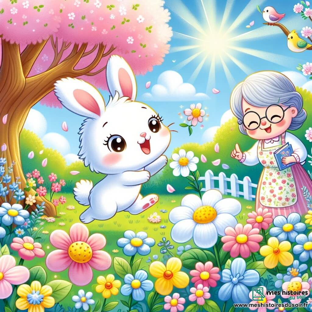 Un petit lapin aux grandes oreilles et à la fourrure douce et blanche saute dans un jardin coloré, entouré de fleurs éclatantes. Madame Lapin, une lapine sage avec un tablier fleuri et des lunettes, sourit en tenant un livre sur le printemps près d'un arbre majestueux. Le jardin est baigné de lumière, avec des rayons de soleil illuminant les fleurs. Petit Lapin découvre une petite fleur blanche et douce, tandis que les oiseaux chantent dans les arbres.