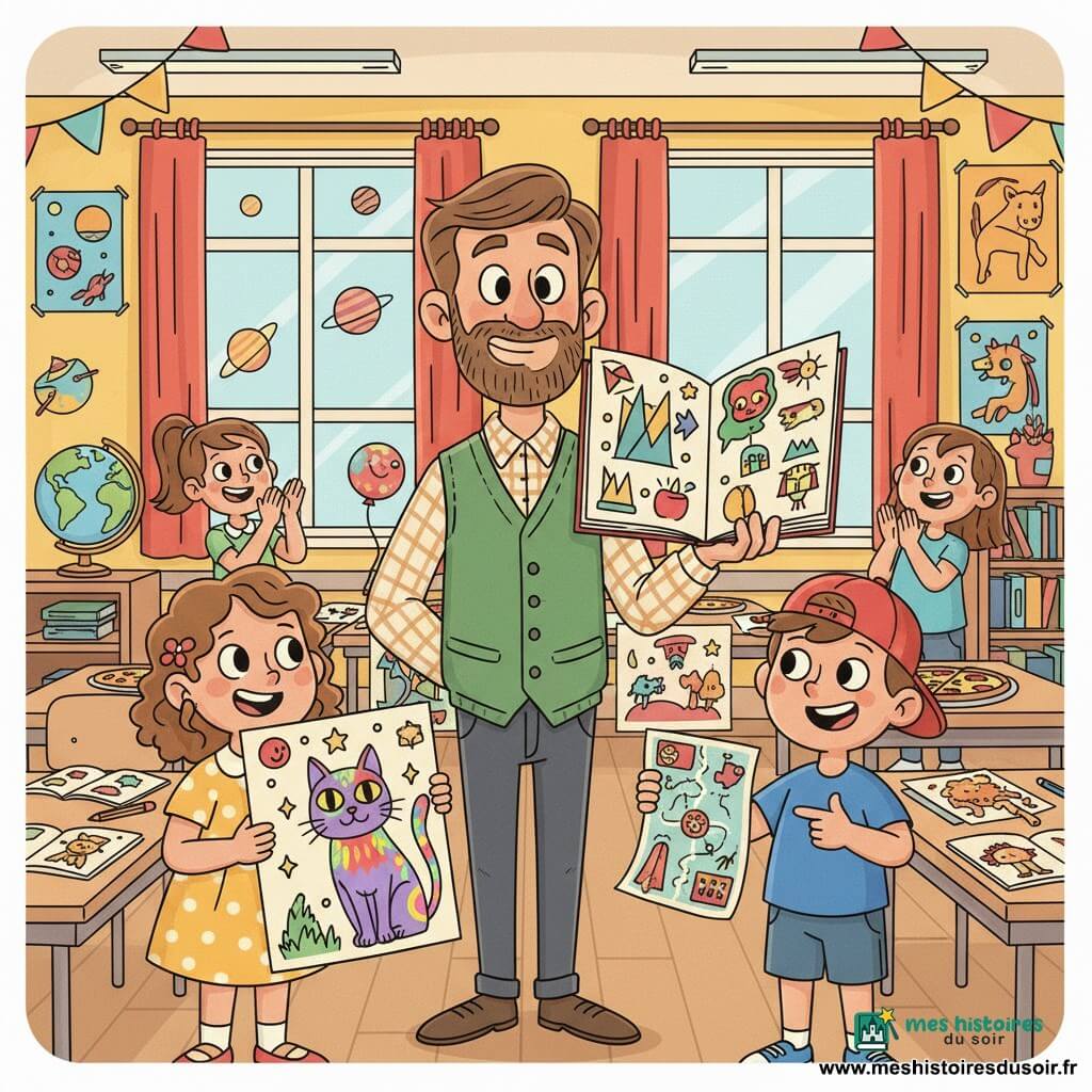 Un instituteur souriant aux yeux rieurs, barbe soignée et cheveux bruns, portant un gilet vert et une chemise à carreaux, se tient au centre, tenant un grand livre ouvert et levant la main pour présenter fièrement les travaux, expression joyeuse et bienveillante; à sa gauche Clara, ~7 ans, cheveux bouclés châtain, robe jaune à pois, tient une grande illustration d’un chat magique aux couleurs vives, regard émerveillé; à sa droite Max, ~7 ans, casquette rouge, t‑shirt bleu et sourire malicieux, montre une carte au trésor colorée; deux autres enfants (~6–8 ans) applaudissent en arrière‑plan près d’une table avec des pizzas découpées et des affiches; la salle de classe est lumineuse, murs jaunes avec posters de planètes et d’animaux, grandes fenêtres avec rideaux rouges, globe sur une étagère, guirlandes et ballons, tables couvertes de dessins et de livres; scène festive d’exposition scolaire devant des parents hors‑champ, couleurs saturées, traits ronds et expressifs, lumière douce, palette rétro pastel vive, textures papier et encre, composition centrée et lisible pour un enfant de 6 ans.