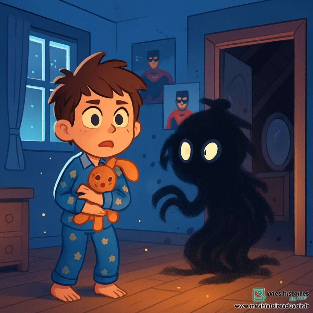 Un garçon de 8 ans, aux cheveux châtains en bataille et aux yeux curieux, se tient au centre de la scène. Il porte un pyjama bleu à étoiles et serre son doudou, affichant une expression à la fois effrayée et déterminée. À côté de lui, l’Ombremange, une créature sombre et floue, flotte dans l’air avec des yeux brillants. La scène se déroule dans une chambre d’enfant aux murs bleus clairs, ornés de posters de super-héros, avec un vieux grenier visible à travers une porte entrouverte. La lumière de la lune projette des motifs de lumière et d’ombre sur le sol en bois. Le garçon est prêt à affronter ses peurs, tandis que l’Ombremange semble hésiter, créant une atmosphère mystérieuse.