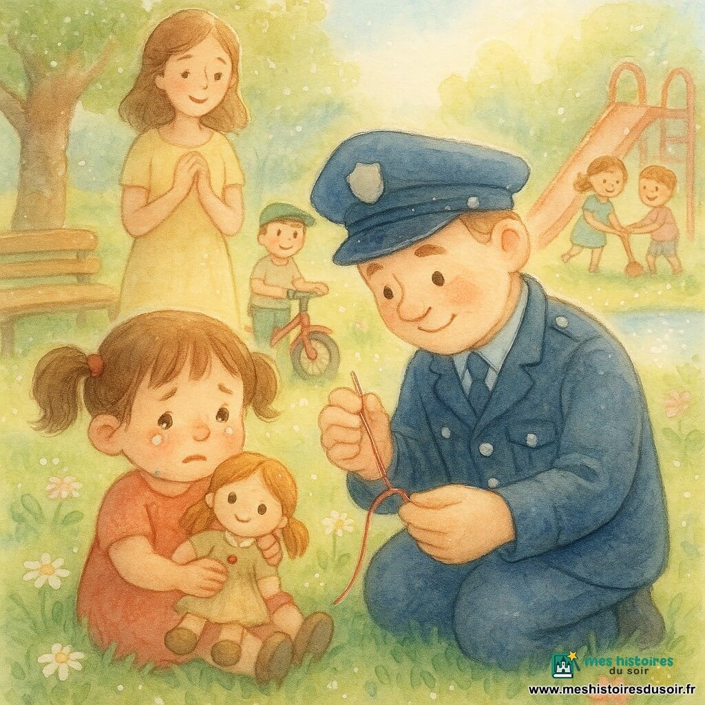 Un policier agenouillé, visage rond et sourire tendre, porte une casquette bleue et recoud avec une petite aiguille et un fil rouge le bouton d’une poupée. À gauche, une fillette d’environ 4 ans aux couettes, les yeux humides mais curieux, tient la poupée à moitié réparée; derrière elle à droite, sa mère en robe jaune, mains jointes, apparaît soulagée et reconnaissante. Un garçon d’environ 6 ans, casquette verte, observe en souriant près d’un petit vélo, et deux enfants jouent au toboggan en arrière-plan; le parc baigné de lumière matinale, pelouse ponctuée de pâquerettes, un grand chêne, un banc, un petit étang et des fleurs forment un décor aux couleurs pastel et aux textures aquarelle, avec de fins reflets au stylo gel blanc.