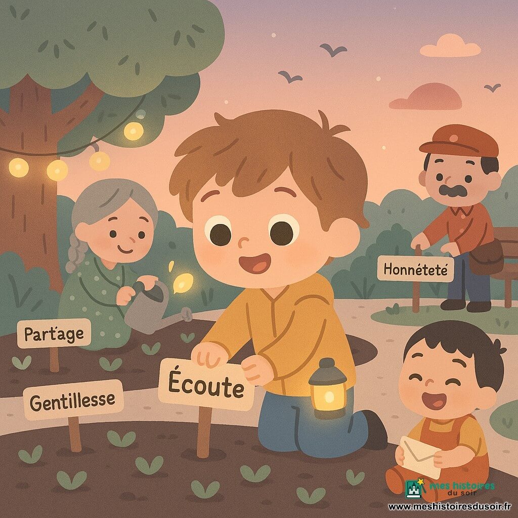Léo, garçon de 6 ans souriant et émerveillé, cheveux châtain clair en bataille, yeux noisette, veste jaune moutarde et pantalon bleu, tient une petite lanterne brillante dans sa poche et plante une pancarte « Écoute » dans un carré de terre ; à gauche, la voisine aux cheveux gris tressés, robe verte à pois, agenouillée, arrose une rangée de mots-plantés ; à l’arrière-plan droit, un facteur moustachu en casquette rouge et sacoche brune plante un piquet « Honnêteté » près d’un banc en bois ; devant Léo, un petit garçon de 3 ans en salopette orange rit en tenant un mot plié ; un arbre ancien à gauche laisse tomber une feuille lumineuse qui effleure Léo ; décor : jardin de mots au crépuscule avec parterres de terre sombre, allées de gravier clair, pancartes en bois colorées, guirlandes de lanternes et ciel saumon pâle ; ambiance paisible, couleurs pastel, contours simples et formes arrondies, Léo plantant « Écoute » avec une concentration douce tandis que sa lanterne luit et des oiseaux stylisés volent en arrière-plan.