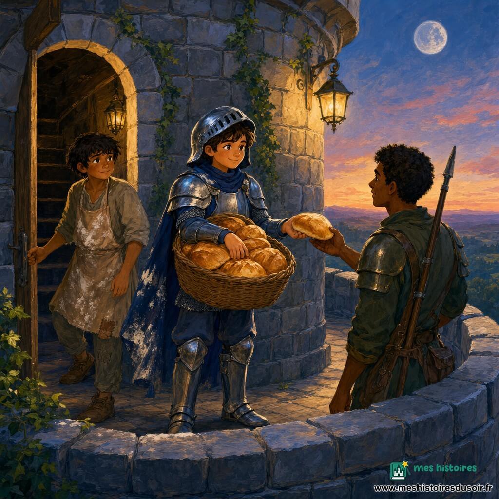 Un chevalier au casque partiellement relevé, visage serein et chaleureux, en armure bleu mat et cape tachée de farine tend un pain d’un grand panier en osier vers un jeune garde au visage fatigué mais soulagé, tandis qu’un apprenti boulanger timide observe depuis l’ombre d’une porte ; la scène se déroule au sommet d’une tour de pierre ancienne couverte de lierre, sous des lampes à huile et un ciel crépusculaire avec lune pâle, atmosphère de solidarité, tons chauds pour les personnages contrastant avec les pierres froides, composition centrée, style peinture acrylique douce pour enfants.