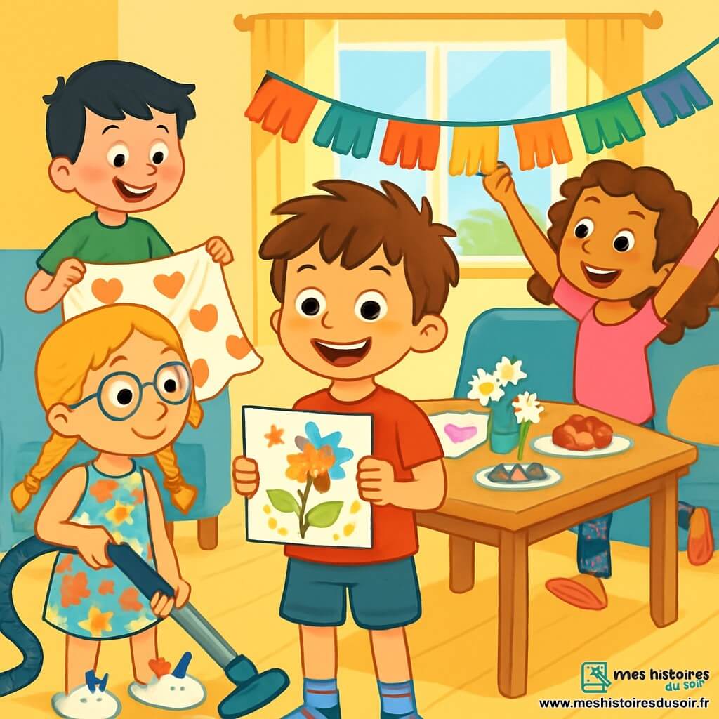 Quatre enfants préparent une surprise pour la fête des mères dans le salon lumineux de Malo. Malo, 8 ans, souriant au centre, tient un poème coloré. Lucie, 9 ans, à gauche, est déterminée avec un aspirateur. Lina, 7 ans, à droite, accroche une guirlande colorée avec enthousiasme. Quentin, 8 ans, derrière Malo, tient une nappe décorée. Le salon est accueillant, avec des murs jaunes, une table ornée de marguerites, de chocolats et d'une tartelette. Les enfants rient et s'activent, prêts à célébrer leur maman avec amour.