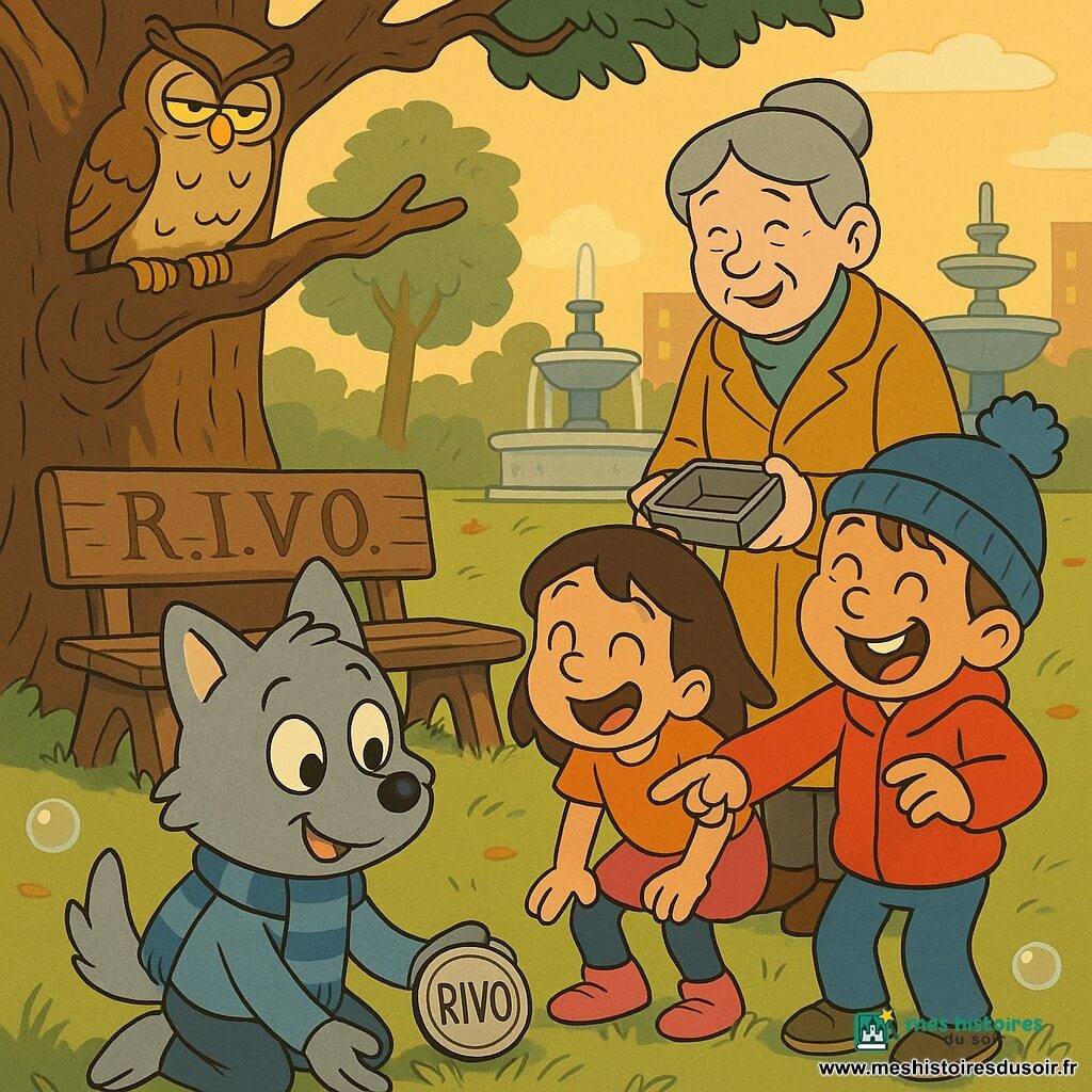Loupin, petit loup anthropomorphe au pelage gris et à l'écharpe bleue rayée, agenouillé dans l'herbe tenant une petite plaque ronde en métal gravée "RIVO", une femme adulte aux cheveux gris en chignon et manteau moutarde, sourire soulagé, debout près d'un banc en bois usé en tenant une boîte métallique vide, une fillette à chaussure rose et un garçon au bonnet bleu à pompon riant et pointant la plaque, un vieux hibou perché sur une branche basse du grand chêne observant la scène ; square urbain en fin d'après-midi avec fontaine en pierre, herbe parsemée de feuilles et bulles de savon dans une lumière dorée, banc marqué R.I.V.O. — moment de découverte festive où les enfants se rassemblent, la femme révèle l'histoire du sigle, ambiance chaleureuse prête à une petite danse collective.