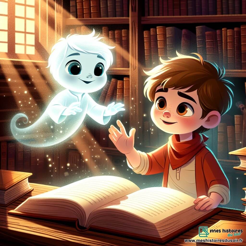 Un petit fantôme nommé Émile flotte au-dessus d'une table en bois, avec un visage doux et un sourire chaleureux. Il tend une main vers un livre ouvert, cherchant à partager des histoires oubliées. À ses côtés, Timéo, un garçon de 10 ans aux cheveux bruns en désordre et aux yeux curieux, observe avec émerveillement. La scène se déroule dans une vieille bibliothèque poussiéreuse, avec des étagères pleines de livres colorés et des rayons de lumière créant une atmosphère magique. Émile explique à Timéo comment il a été piégé dans la bibliothèque, entouré de livres flottants, prêt à lui confier le secret des histoires oubliées.