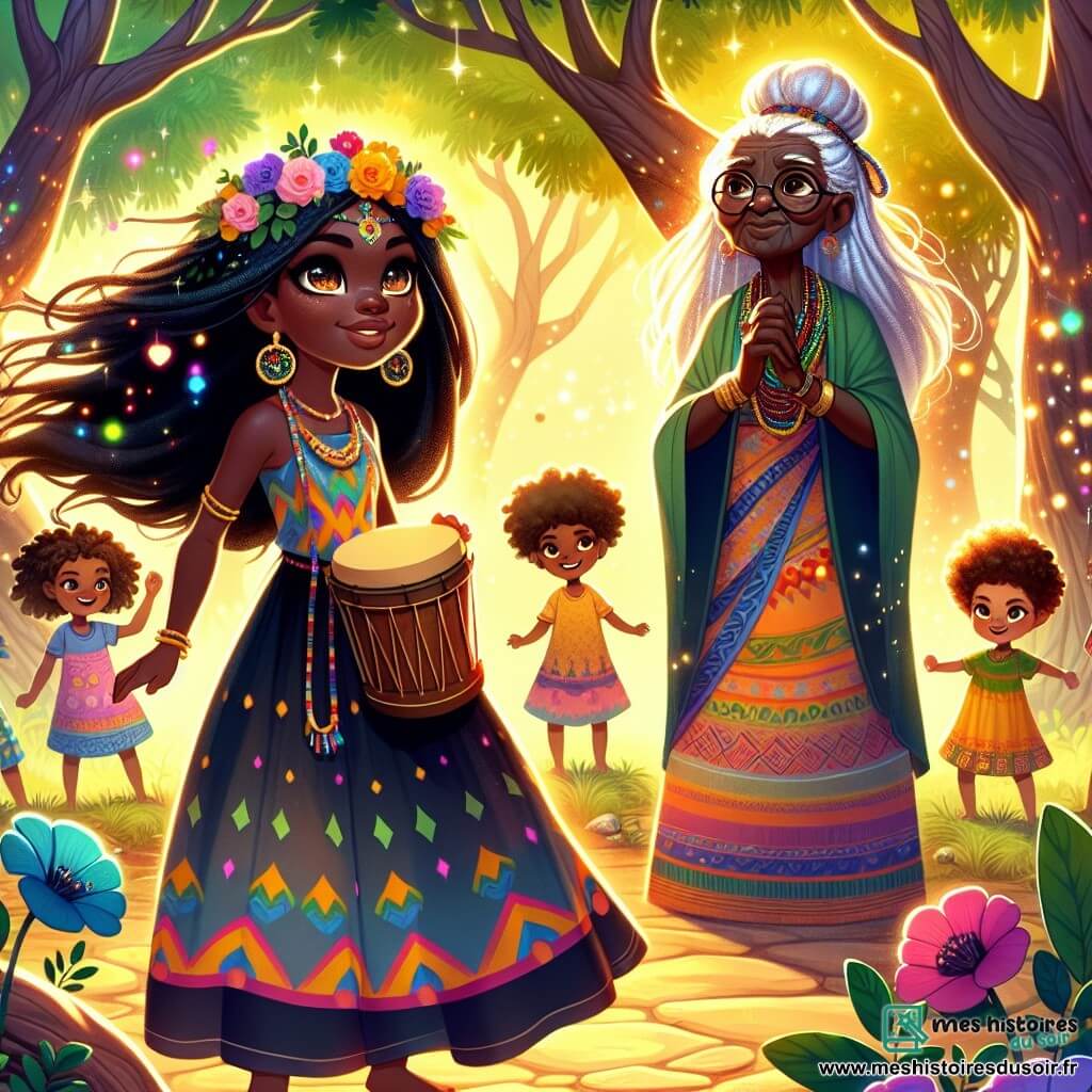 Amara, une jeune femme africaine d'environ 20 ans, se tient au centre de l'image, avec de grands yeux brillants et des cheveux noirs soyeux. Elle sourit joyeusement en jouant de son tambour en bois, entourée d'une aura magique. À sa droite, une vieille sage d'environ 70 ans, avec des cheveux gris tressés et une robe traditionnelle colorée, l'écoute avec un sourire doux. En arrière-plan, un groupe d'enfants âgés de 6 à 10 ans danse autour d'elle, leurs visages illuminés par l'excitation. Le cadre est une clairière ensoleillée au cœur d'une forêt dense, avec de grands arbres et des fleurs éclatantes. Amara partage sa musique et ses histoires avec les villageois, célébrant son retour et la magie de la communauté, tandis que la sage et les enfants l'écoutent avec émerveillement.